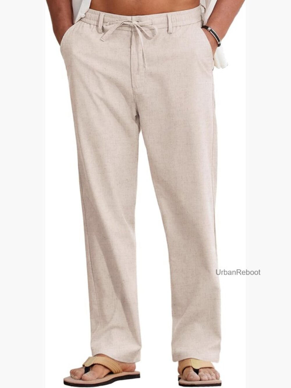 Men's Cotton Linen Drawstring Pants Lightweight Straight Leg Casual